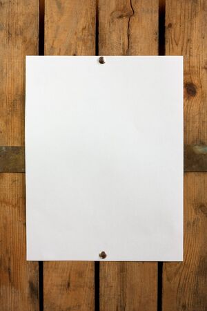  piece of blank paper tacked to wooden background.Ready for your text の写真素材
