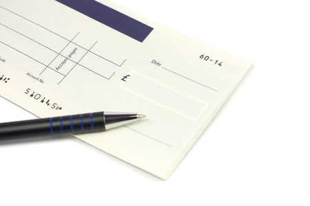 Opened checkbook and pen over white backgroundの写真素材