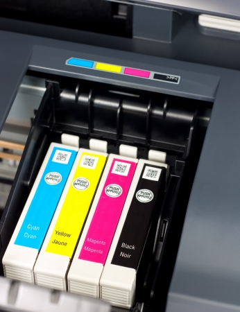 Closeup  of  printer ink cartridges for a color printerの写真素材