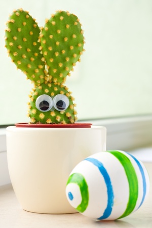 Closeup of a small cactus in shape of a bunny and easter eggの写真素材