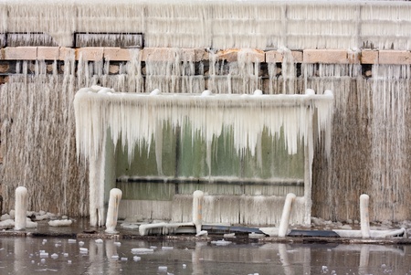 Frozen bus-stop in Varna,Bulgaria coverd with icicles due to extremely cold weather in Europeの写真素材
