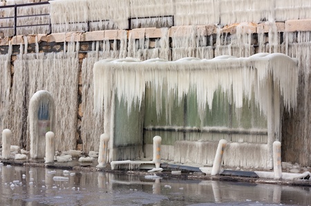 Frozen bus-stop in Varna,Bulgaria coverd with icicles due to extremely cold weather in Europeの写真素材