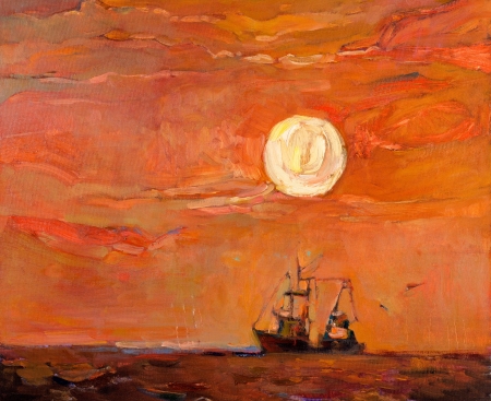 Original oil painting of beautiful sunset over ocean(sea)  and fishing boat(ship) on canvas.Modern Impressionismの写真素材