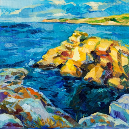 Original oil painting of  ocean(sea) and cliffs on canvas.Modern Impressionismの写真素材