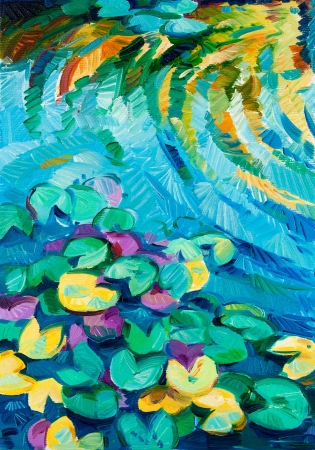 Original oil painting of beautiful water lily(Nymphaeaceae) on canvas.Modern Impressionismの写真素材