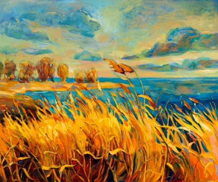 Original oil painting showing beautiful lake,sunset landscape.Fern(rush),sky and clouds. Modern Impressionismの写真素材