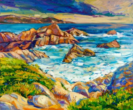 Original oil painting of  ocean(sea) coast and cliffs on canvas.Modern Impressionismの写真素材