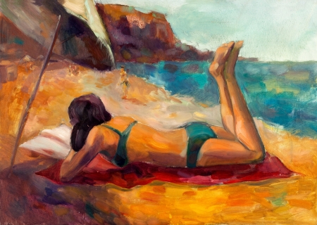 Original oil painting on canvas showing woman lieing down and taking sunbath on the beach.Modern Impressionismの写真素材