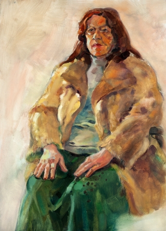 Original oil painting on canvas.Portrait showing a senior woman sittingの写真素材