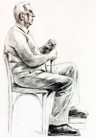  Original pastel  or drawing charcoal, and  hand drawn painting or  working  sketch of a man sitting in a chair.Free compositionの写真素材