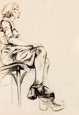  Original pencil  or drawing charcoal, and  hand drawn painting or  working  sketch of a woman sitting with crossed legs.Free compositionの写真素材