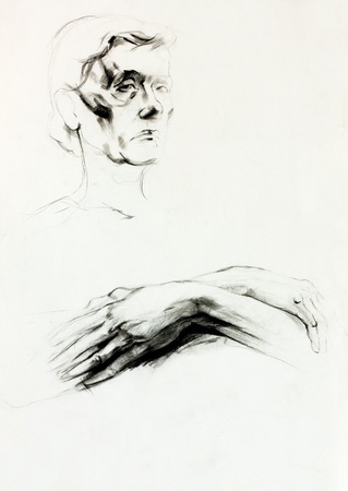  Original pencil  or drawing charcoal, and  hand drawn painting or  working  sketch of a woman sitting with crossed arms.Free compositionの写真素材