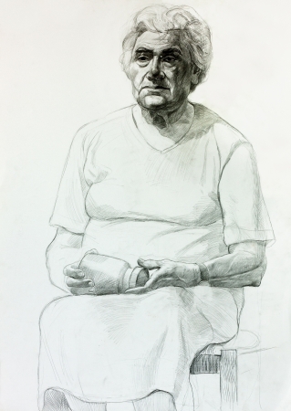  Original pencil  or drawing charcoal, and  hand drawn painting or  working  sketch of a woman sitting and holding a cup.Free compositionの写真素材