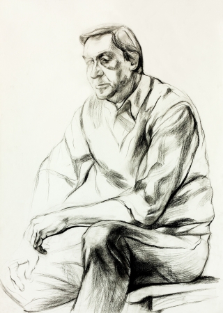  Original pencil  or drawing charcoal, and  hand drawn painting or  working  sketch of a man sitting.Free compositionの写真素材