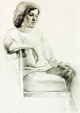  Original pencil  or drawing charcoal, and  hand drawn painting or  working  sketch of a woman sitting in a chair.Free compositionの写真素材