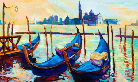 Original oil painting of beautiful Venice, Italy on sunsetの写真素材