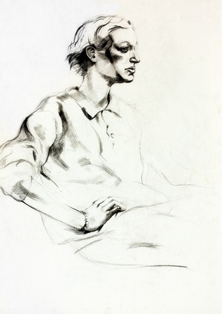  Original pencil  or drawing charcoal, and  hand drawn painting or  working  sketch of a woman sitting .Free compositionの写真素材