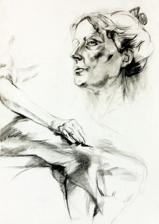  Original pencil  or drawing charcoal, and  hand drawn painting or  working  sketch of a woman sitting .Free compositionの写真素材