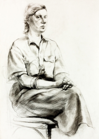  Original pencil  or drawing charcoal, and  hand drawn painting or  working  sketch of a woman sitting .Free compositionの写真素材