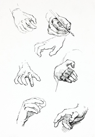  Original pencil  or drawing charcoal, and  hand drawn painting or  working  sketch of man hand in different positions .Free compositionの写真素材