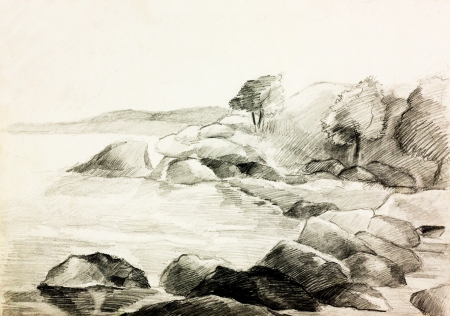  Original pencil  or drawing charcoal and  hand drawn painting or  working  sketch of a quiet lake and shore with trees and rocksの写真素材