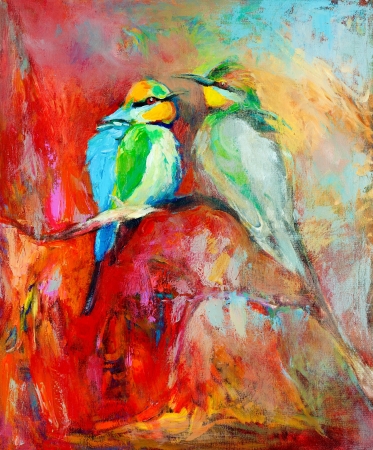Original oil painting of blue tailed bee eaters, song birds on canvas.Modern impressionismの写真素材