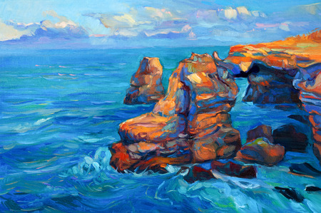 Original abstract oil painting of cliffs and ocean on canvas.Modern Impressionismの写真素材