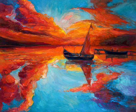 Original oil painting of boats and jetty(pier) on canvas.Rich golden Sunset over ocean.Modern Impressionismの写真素材