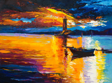 Original oil painting of  lighthouse and boats on canvas.Rich golden  Sunset over ocean.Modern Impressionismの写真素材