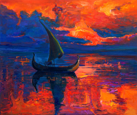 Original oil painting of boat and sea on canvas.Rich golden Sunset over ocean.Modern Impressionismの写真素材