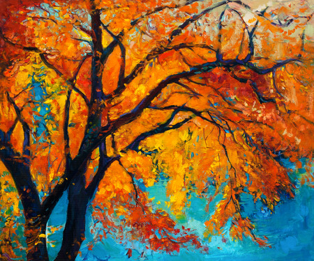 Original oil painting showing beautiful Autumn tree on canvas. Modern Impressionismの写真素材