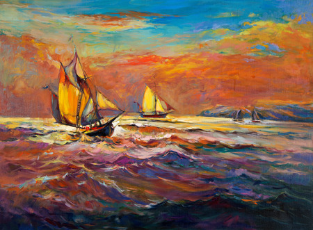 Original oil painting of sail ship and sea on canvas.Rich golden sunset.Modern Impressionismの写真素材
