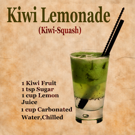 Old,vintage or grunge  Recipe Notebook with Kiwi Lemonadekiwi-squash  cocktail on the page.Room for textの写真素材