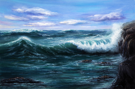 Original oil painting showing mighty storm in ocean or sea on canvas. Modern Impressionism, modernism,marinismの写真素材