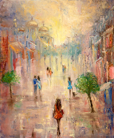 Abstract painting of people having a walk on city street on canvas.Modern Impressionism, modernism,marinismの写真素材
