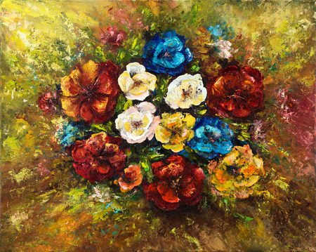 Original oil painting showing fresh flowers bouquet on canvas.Modern Impressionism, modernism,marinismの写真素材