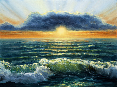 Original oil painting of  Ocean and beach on canvas.Rich golden  Sunset over ocean.Modern Impressionismの写真素材
