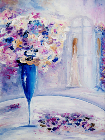 Original  oil painting of beautiful vase or bowl of fresh   flowers and woman in distance  on canvas.Modern Impressionism, modernism,marinism
の写真素材