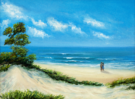 Original oil painting of  Ocean and beach on canvas.Young couple enjoying the landscape.Modern Impressionismの写真素材