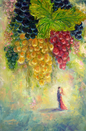 Original  oil painting of bunch of grapes and couple kissing in distance  on canvas.Modern Impressionism, modernism,marinismの写真素材