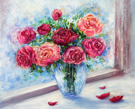 Original  oil painting of beautiful vase or bowl of fresh roses  on canvas.Modern Impressionism, modernism,marinism
の写真素材