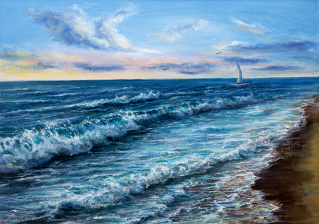 Original oil painting showing waves in  ocean or sea on canvas. Modern Impressionism, modernism,marinism
の写真素材