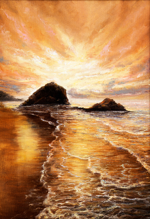 Original  oil painting of beautiful golden sunset over ocean beach on canvas.Modern Impressionism, modernism,marinism
の写真素材