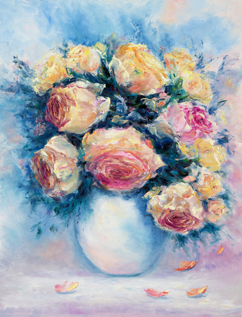 Original  oil painting of beautiful vase or bowl of fresh roses  on canvas.Modern Impressionism, modernism,marinismの写真素材