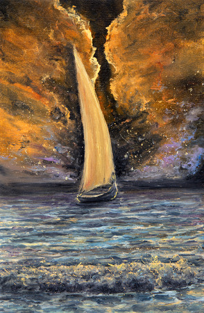 Original abstract oil painting of ship   
 and sea on canvas.Rich Golden Sunset over ocean.Modern Impressionismの写真素材