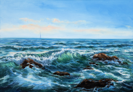 Original oil painting showing waves in  ocean or sea on canvas. Modern Impressionism, modernism,marinism
の写真素材