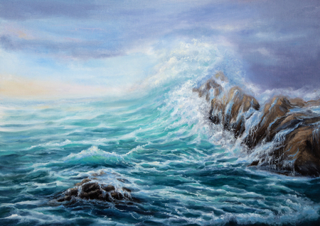 Original oil painting showing waves in  ocean or sea on canvas. Modern Impressionism, modernism,marinism
の写真素材
