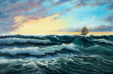 Original oil painting showing  ship   in  stormy ocean or sea on canvas. Modern Impressionism, modernism,marinism
の写真素材