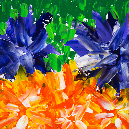 Original oil painting on canvas showing colorful abstract flowers.Conterporary landscapeの写真素材