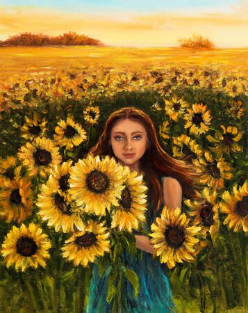 Original oil painting of young woman in sunflowers field on canvas.Modern Impressionismの写真素材